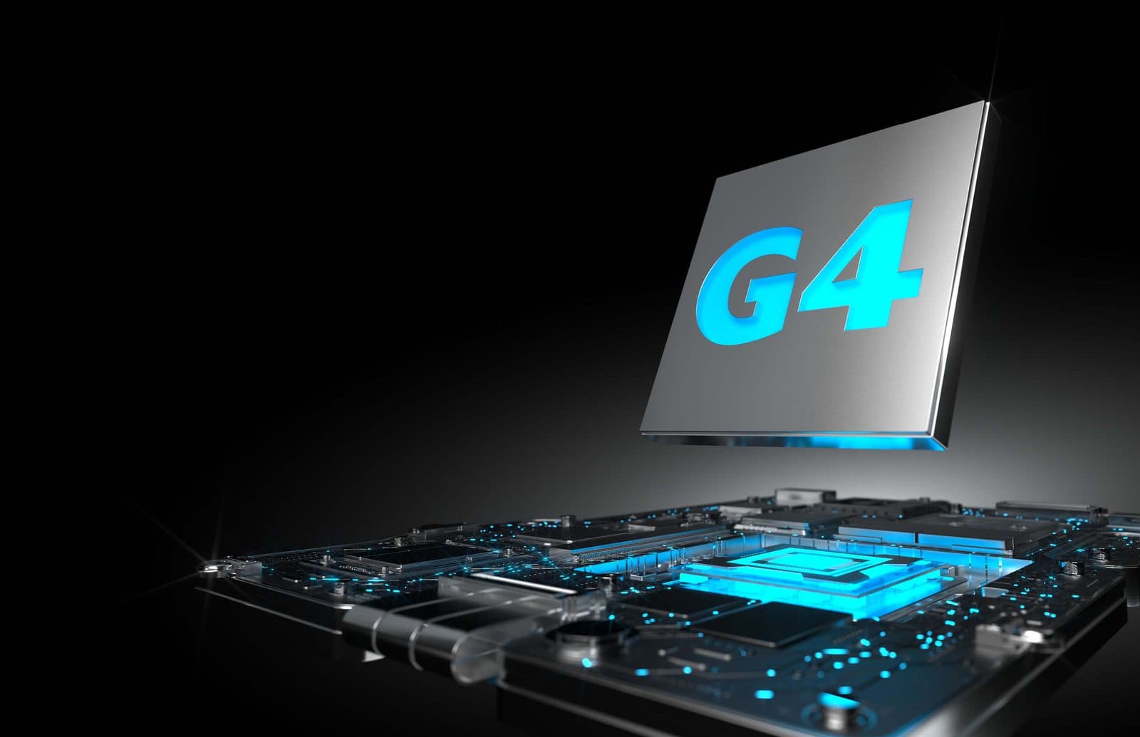 Starkey's G4 Gen AI Neuro Processor glowing blue above the circuit board inside an Omega AI+ hearing aid