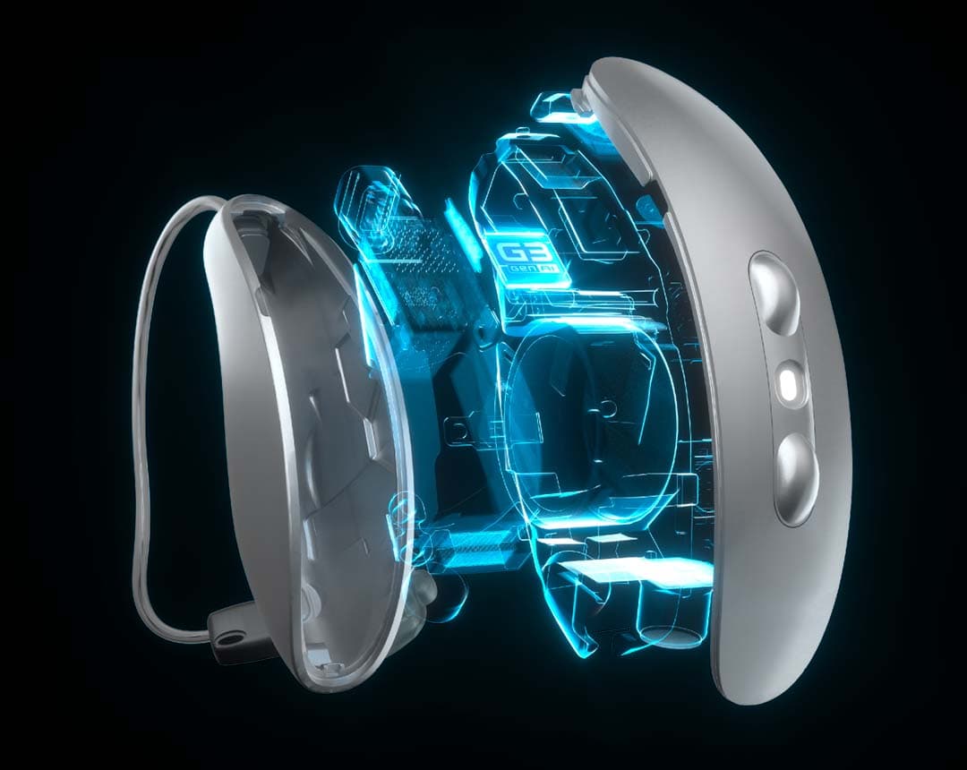 An exploded view of the Starkey Omega AI hearing aid revealing its G3 gen-AI processor glowing inside